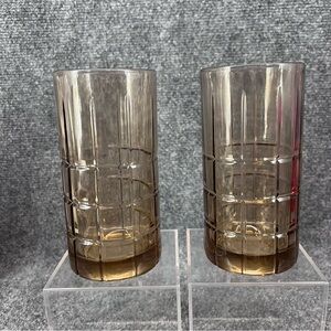 Vintage Anchor Hocking Tartan Brown Flat Ice Tea Glasses Smokey Amber  Set Of 2
